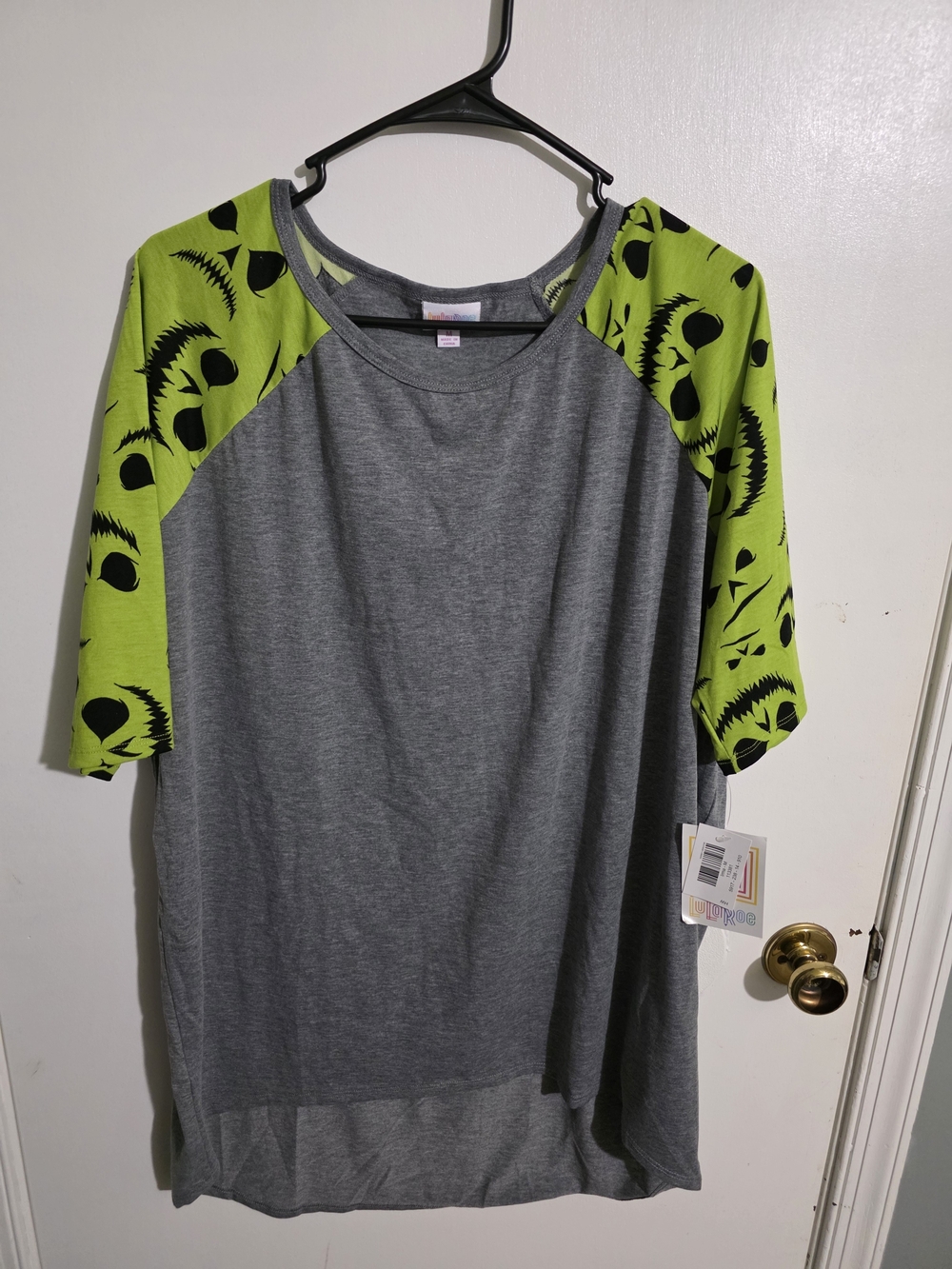 LuLaRoe Gray Tee with Neon Green Monster Raglan Sleeves